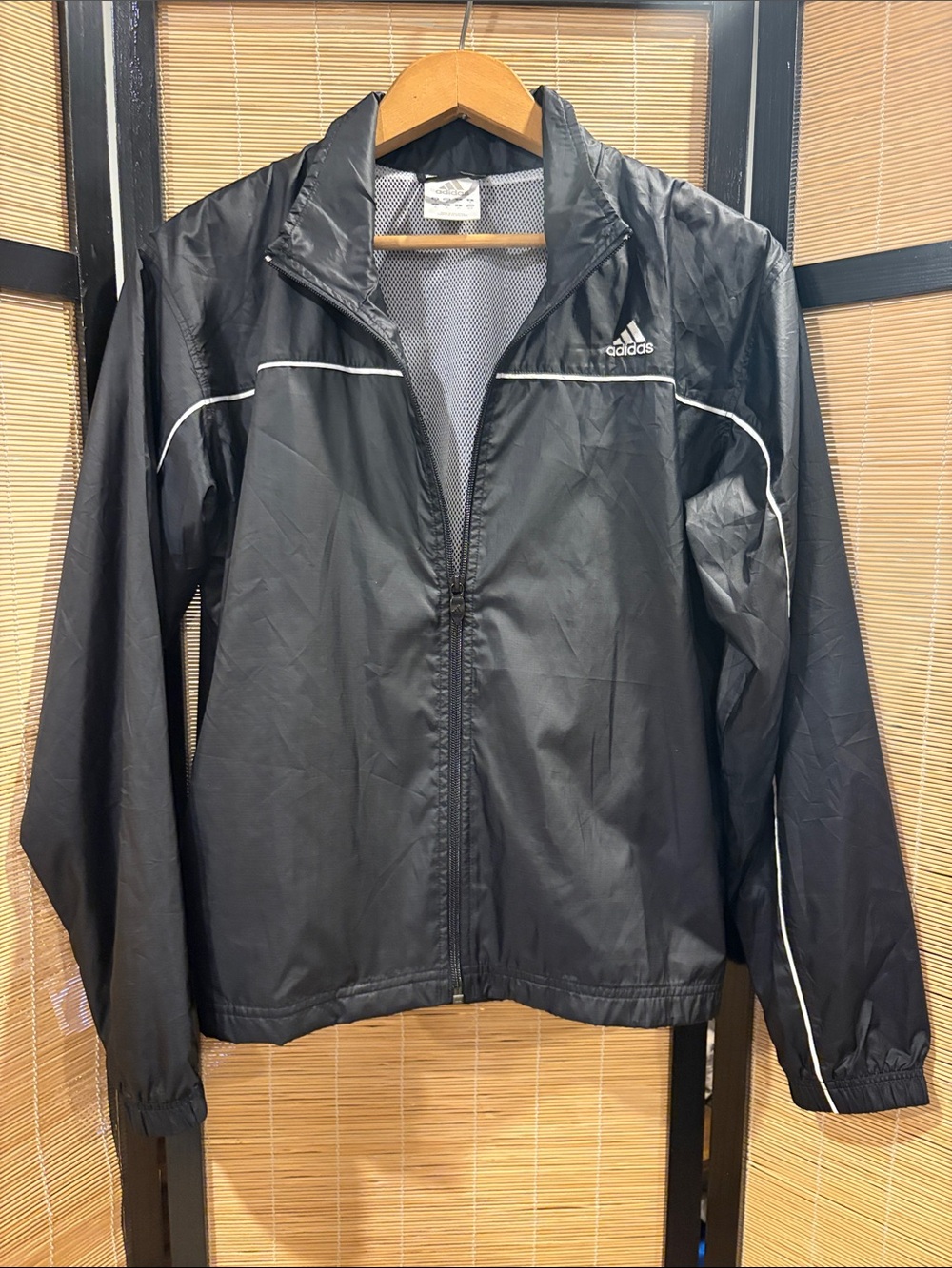 adidas Black Menβs Windbreaker Jacket with White Piping